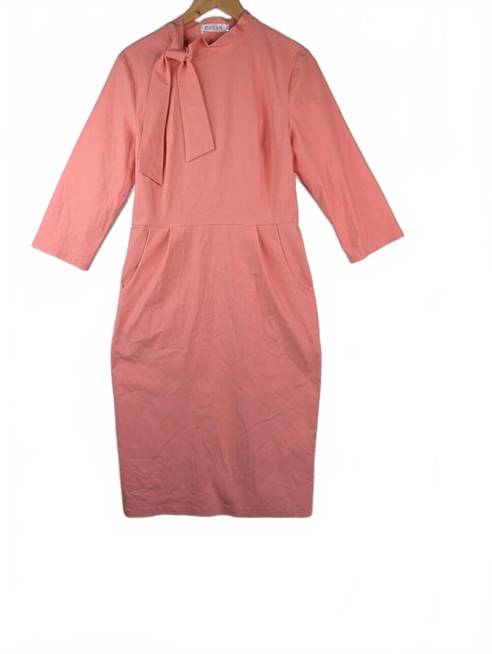 NWT MUXXN 1960's Retro Peach Dress w/Tie Neck and Pockets, Size XL - Picture 2 of 4